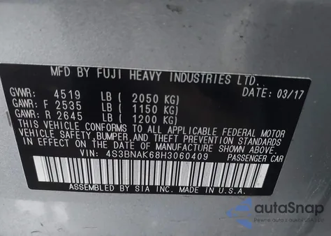 2017 Subaru Legacy 2.5I Limited from USA, damaged, VIN 4S3BNAK68H3060409